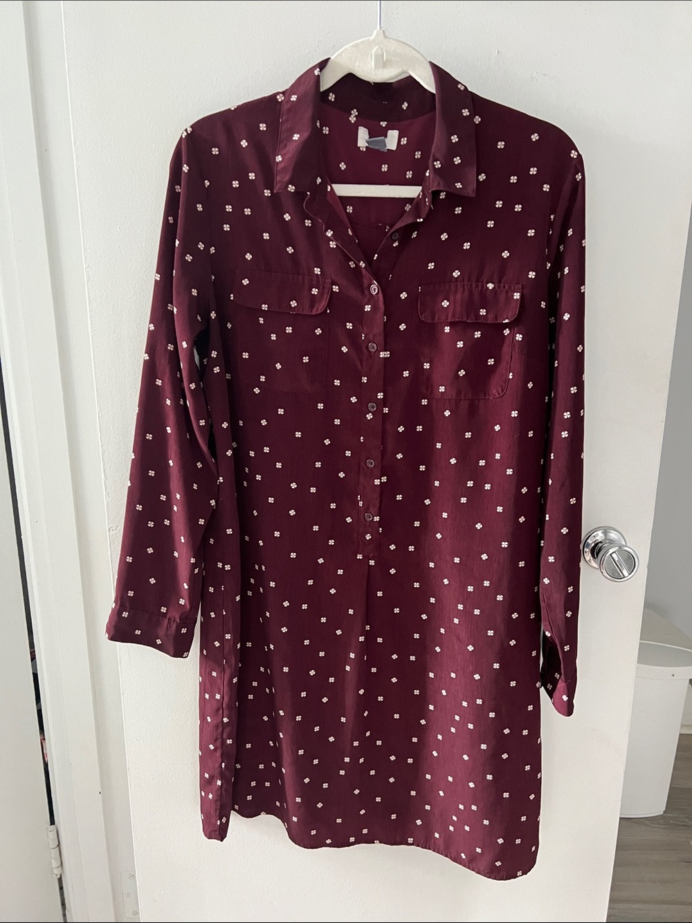 GAP Burgundy Button-Front Long Sleeve Shirt Dress with White Dot Print